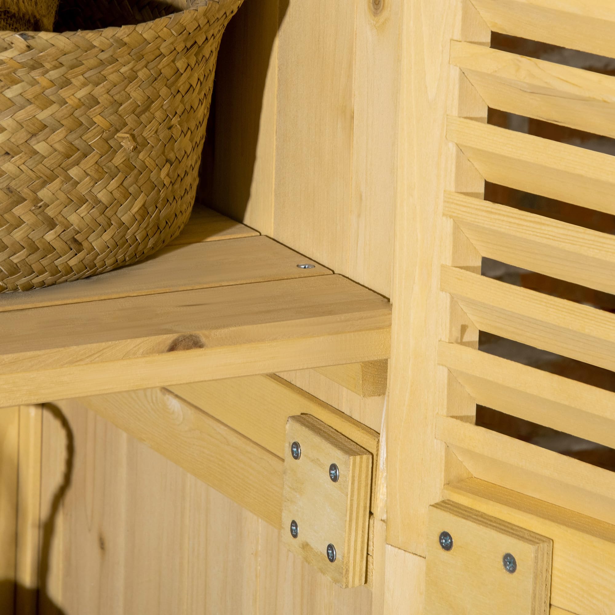 Outsunny Casetta in Legno da Giardino con Tetto Impermeabile, Armadio da Esterno Porta Attrezzi da Giardino con 4 Scompartimenti, 87x46.5x160cm, Color Legno