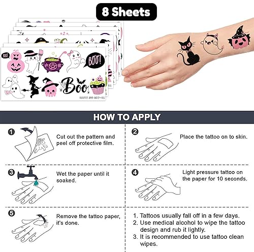 Miniatura 7 de Tatuajes temporales de Halloween de color rosa y negro, 80 calcomanías temáticas de sombrero de bruja fantasma Boo I'm Two para niños, suministros