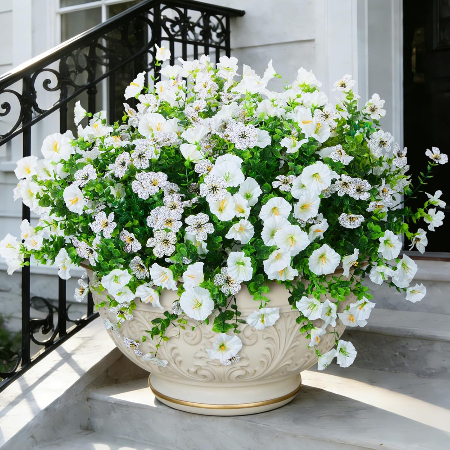 Hrobek Artificial Flowers for Outdoors Faux Plants Outside Indoor,Realistic UV Resistant Silk Fake Daisy Morning Glory for Home Patio Garden Back Yard Front Porch Decor Spring Summer(12 Bunches,White)