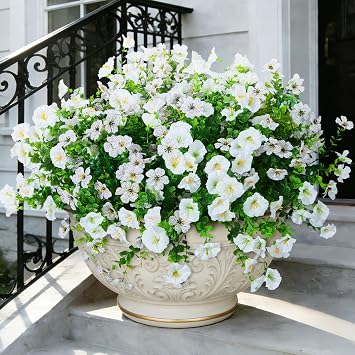 Hrobek Artificial Flowers for Outdoors Faux Plants Outside Indoor,Realistic UV Resistant Silk Fake Daisy Morning Glory for Home Patio Garden Back Yard Front Porch Decor Spring Summer12 Bunches,White