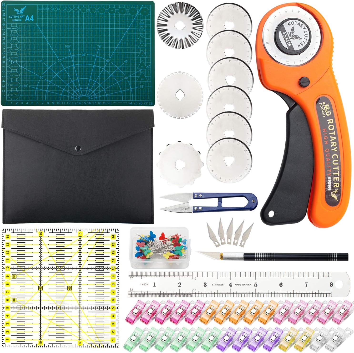 45 mm Rotary Cutter Set, Quilting Kit incl, A4 Cutting Mat ，8 Replacement Blades、Acrylic Ruler，with Storage Bag，Sewing Pins, Craft Knife Set and Craft Clips (Cutting Mat Set (A4))