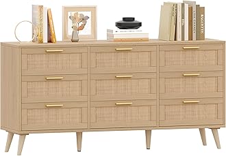 Rovaurx 9 Drawer Double Dresser for Bedroom, Rattan Chest of Dressers, Modern Wooden Dresser Chest with Golden Handles, Beside Table for Closet, Living Room and Entryway, Natural