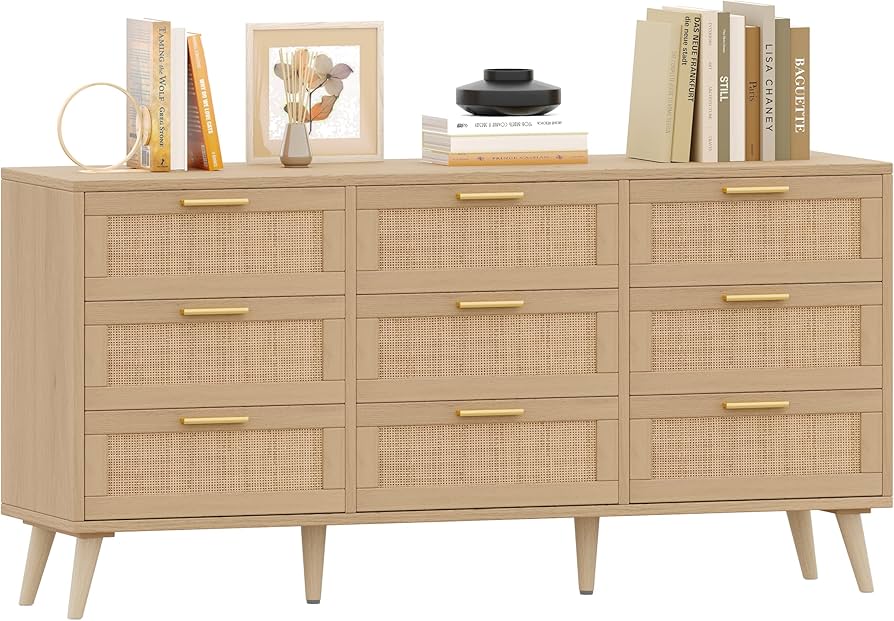 Rovaurx 9 Drawer Double Dresser for Bedroom, Rattan Chest of Dressers, Modern Wooden Dresser Chest with Golden Handles, Beside Table for Closet, Living Room and Entryway, Natural