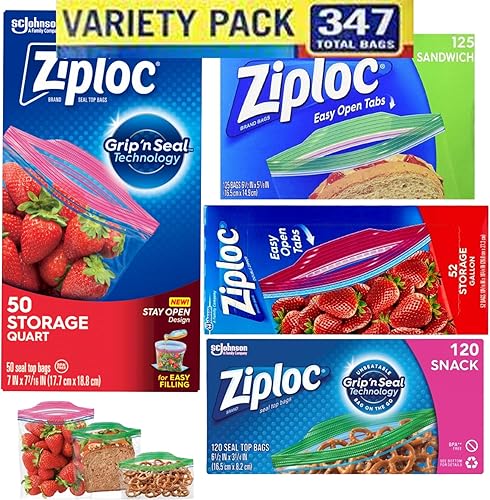 Bolsas Ziplock, paquete variado, (347 bolsas en total) - 52 bolsas de almacenamiento de galones - 50 bolsas de almacenamiento - 120 bolsas de
