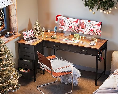 Miniatura 2 de Coleshome Escritorio en forma de L de 50 pulgadas con cajones, escritorio de computadora con tomas de corriente, escritorio de oficina en casa con 6