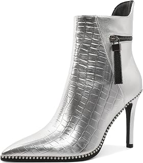 Soireelady Women Ankle Boots High Heel Boots Pointed Toe Stilettos Booties Beaded Short Boots Side Zipper 4 Inch