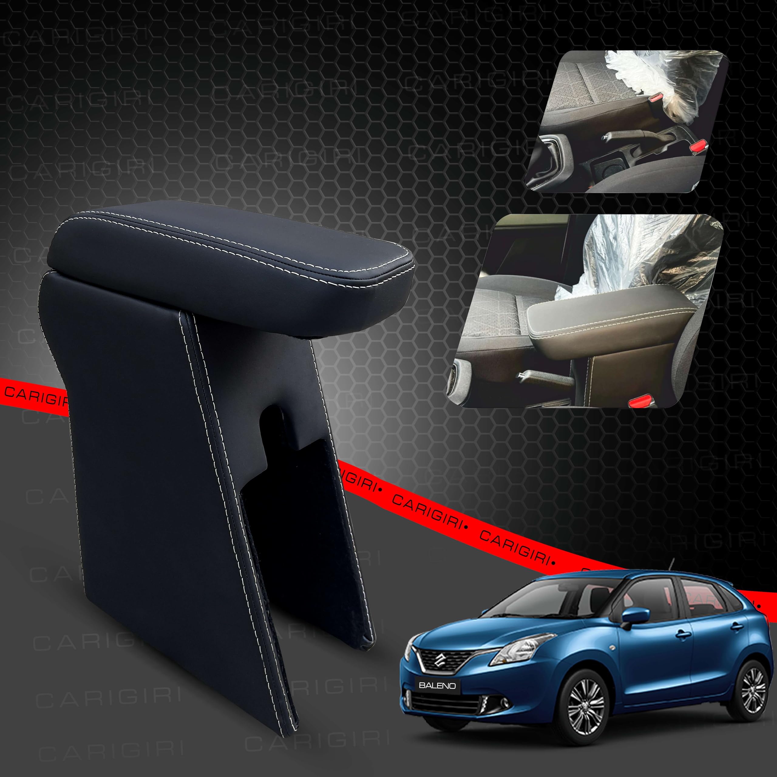 Carigiri Premium Finish Car Armrest for Maruti Suzuki Baleno,Baleno RS,New Baleno with High Density Moulded Foam And Storage Compartment(Models-2015-2024) (Black With White Double Stitching)-picture-14
