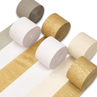 PartyWoo White and Gold Crepe Paper Streamers 6 Rolls 492 ft Pack of Metallic Gold Ivory Sand White Crepe Paper for Wedding Gender Reveal Birthday Party Decorations (1.8 Inch x 82 Ft/Roll)