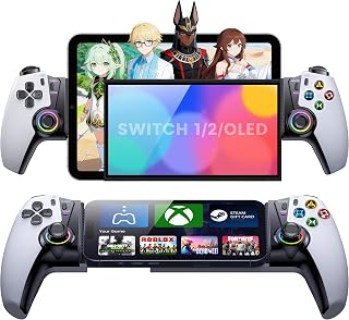 KICKDOT Mobile Gaming Controller for iPhone Android, Hall Effect Joysticks Bluetooth Telescopic Gamepad with RGB Lighting, Programmable Back Buttons for PS Remote Play Xbox Cloud Gaming Steam Deck iPad Mini