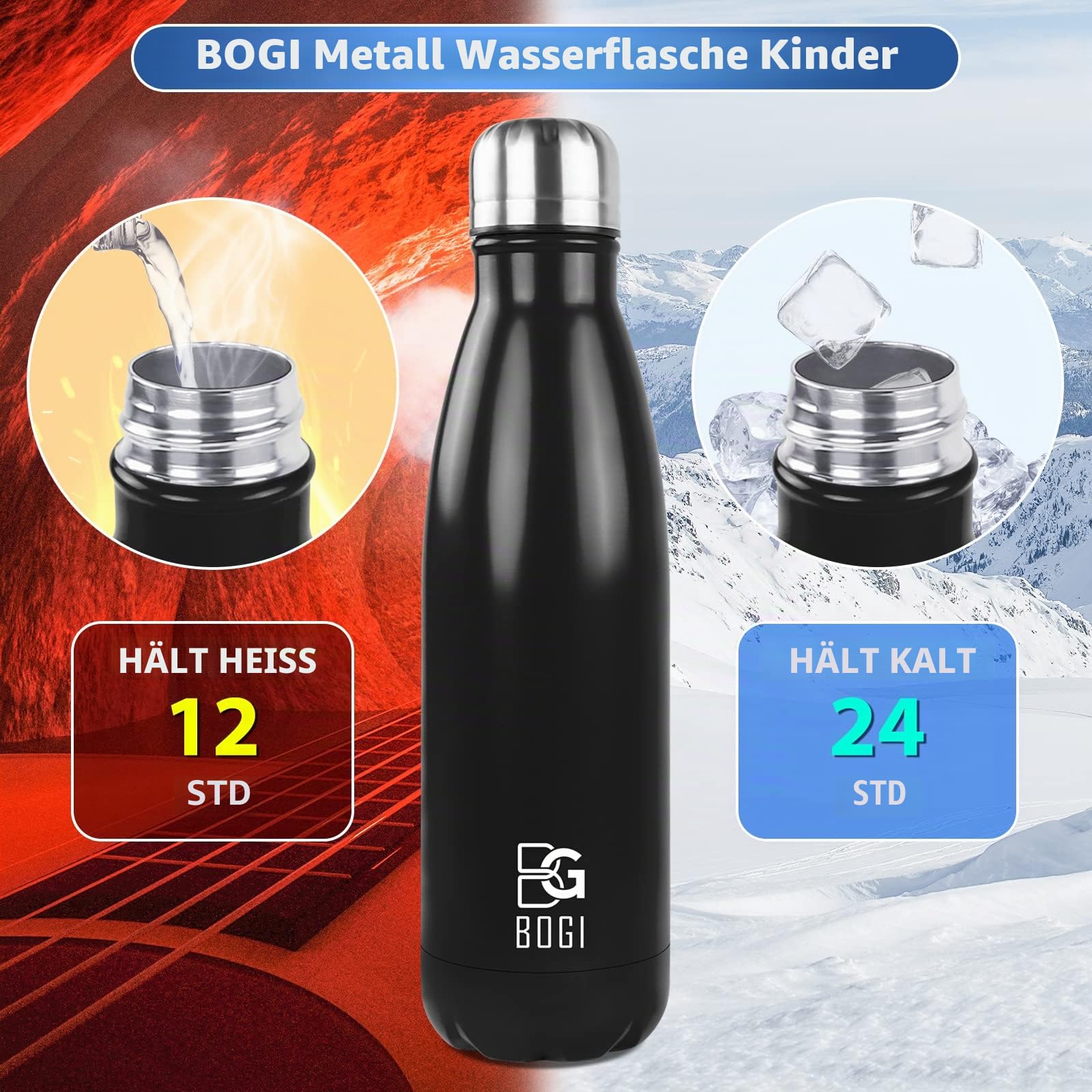 BOGI Edelstahl Trinkflasche 500ml, 2-Pack Doppelwandige Thermosflasche Auslaufsicher Trinkflasche Edelstahl Isolierflasche BPA-Frei Kinder Trinkflasche Schule Hält Heiß und Kalt für Sport Fahrrad