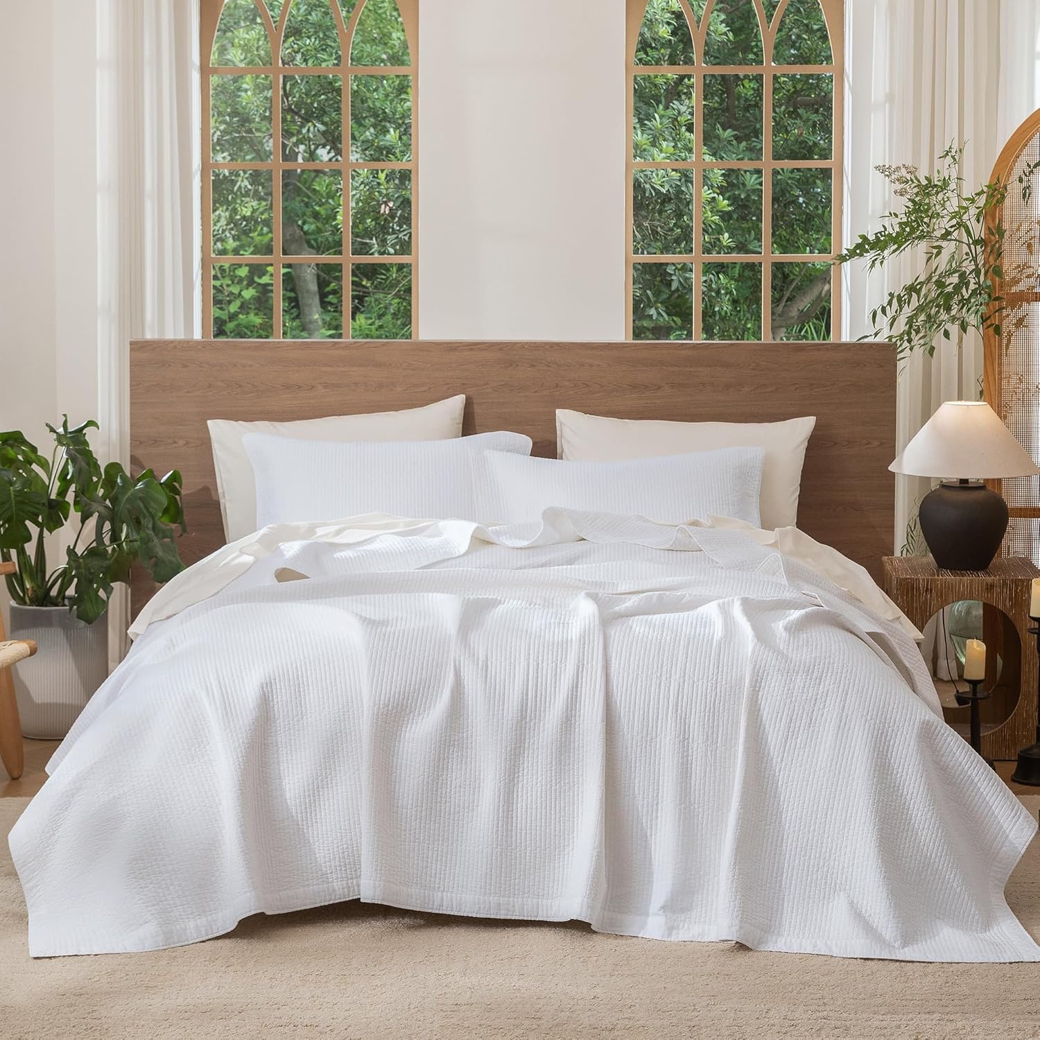 MooMee Stripe Stitch Quilt Set 100% Washed Cotton Coverlet Bedspread Linen Like with Cotton Batting Fill Soft Breathable Lightweight for All Seasons (Tannish Linen Grey, King)