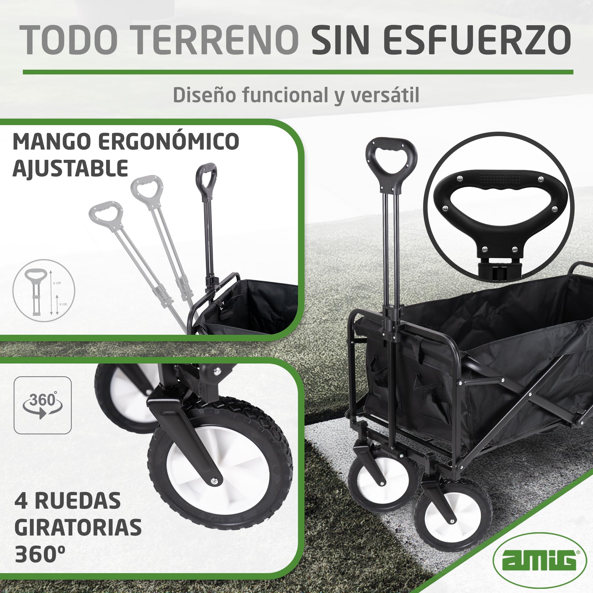 Amig - Carro Plegable Todoterreno - Tela Impermeable - Color Negro - Ruedas de Ø20cm 360º - Carga máx. 100kg - Carrito de Camping, Playa y Jardín
