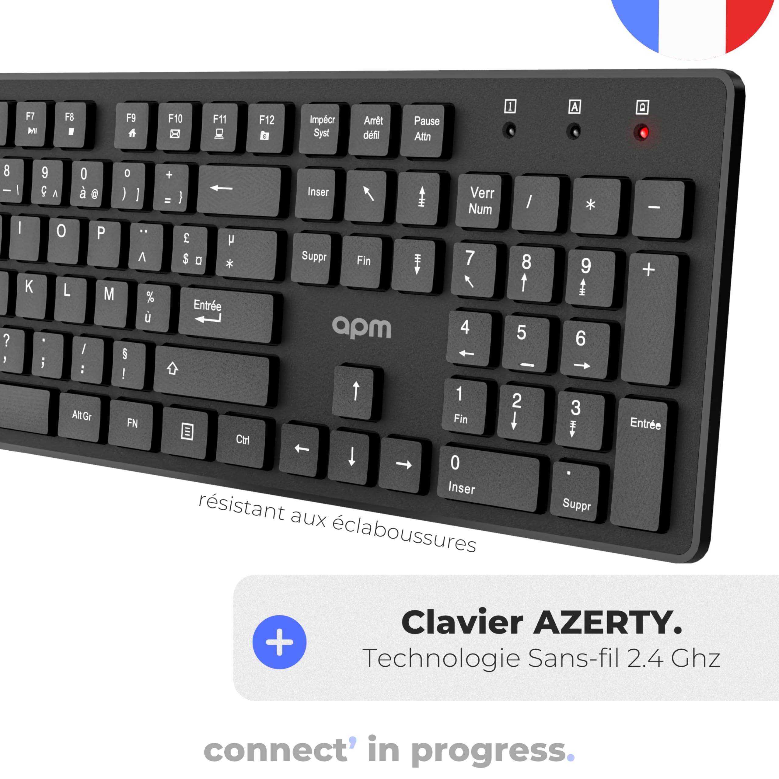 APM Clavier Sans-Fil, 2.4GHz, AZERTY, 105 Touches Ergonomiques, Raccourcis Multimédias, Compatible avec Ordinateur PC Portable MacOS Windows Linux, 100041