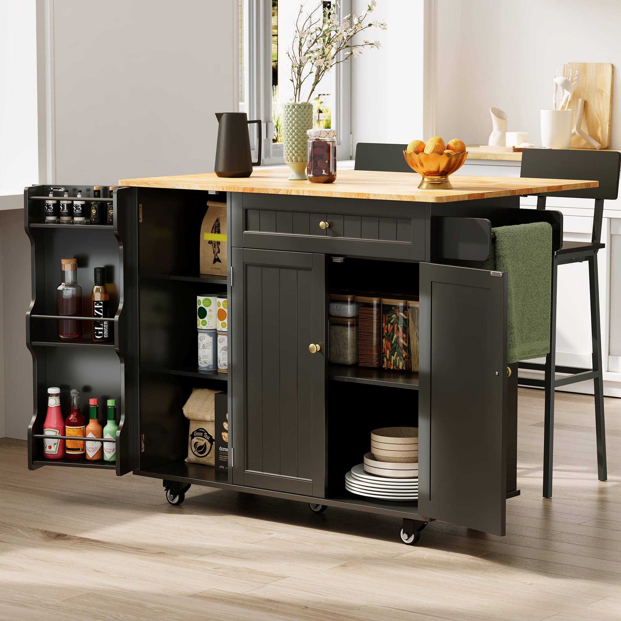 Xbro Kücheninsel mit Arbeitsplatte, Küchenwagen auf 5 Rädern mit Ablage und 1 Schublade, für Küche und Esszimmer, 130 × 75 × 88 cm, Schwarz