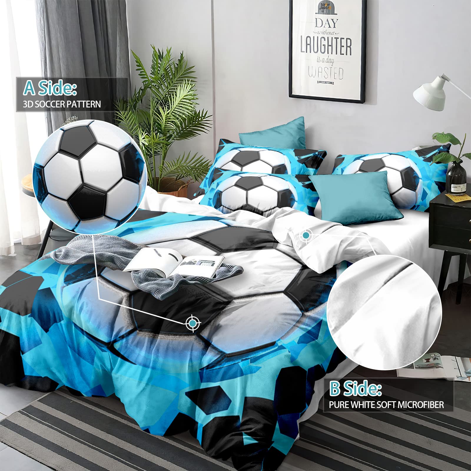 Sports Blue Soccer Duvet Cover Set for Kids Teens Boys, Soft Microfiber Twin 86