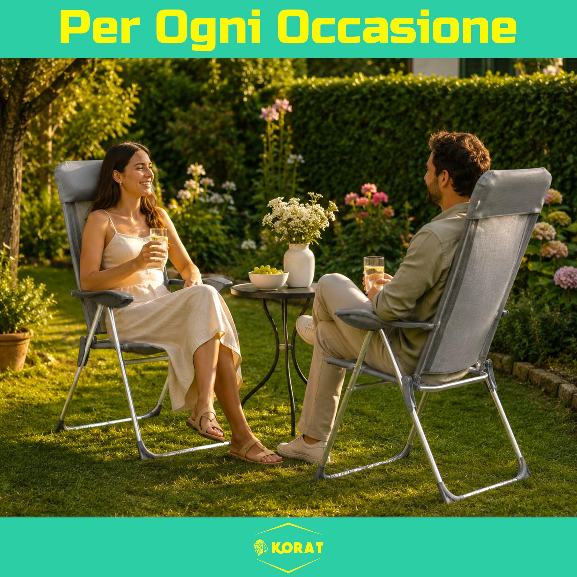KORAT - Sedia Mare Pieghevole in Textilene con Poggiatesta, Struttura in Alluminio e Braccioli Ergonomici, per Spiaggia Campeggio Giardino, 58x38x110 cm - Spiaggina - Grigio