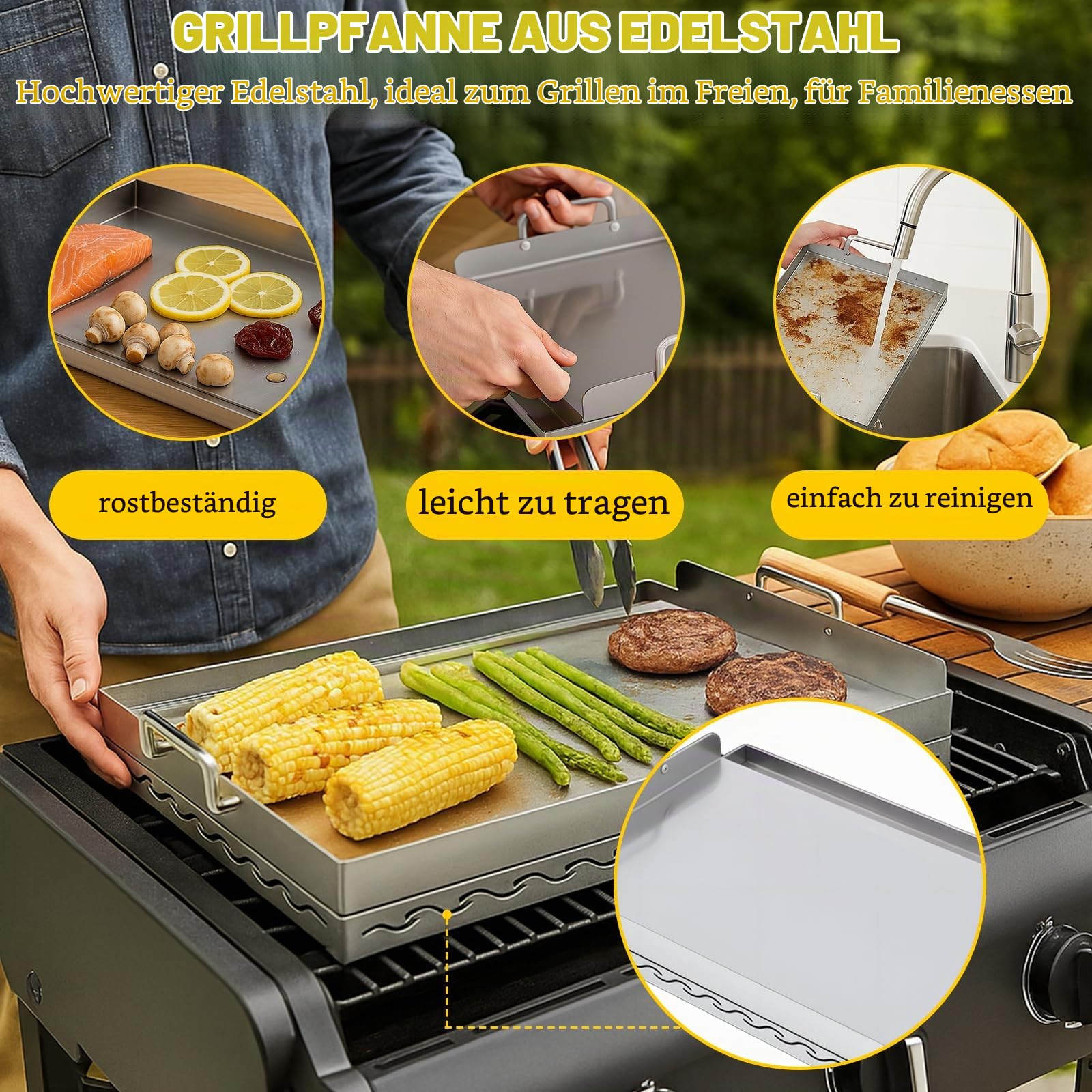 Plancha Grillplatte Edelstahl 51x32x7cm, Grillplatte Gasgrill für Holzkohle Grillwagen & Gasgrill, Antihaftbeschichtung, Fettwanne & Stabiler Aufbau