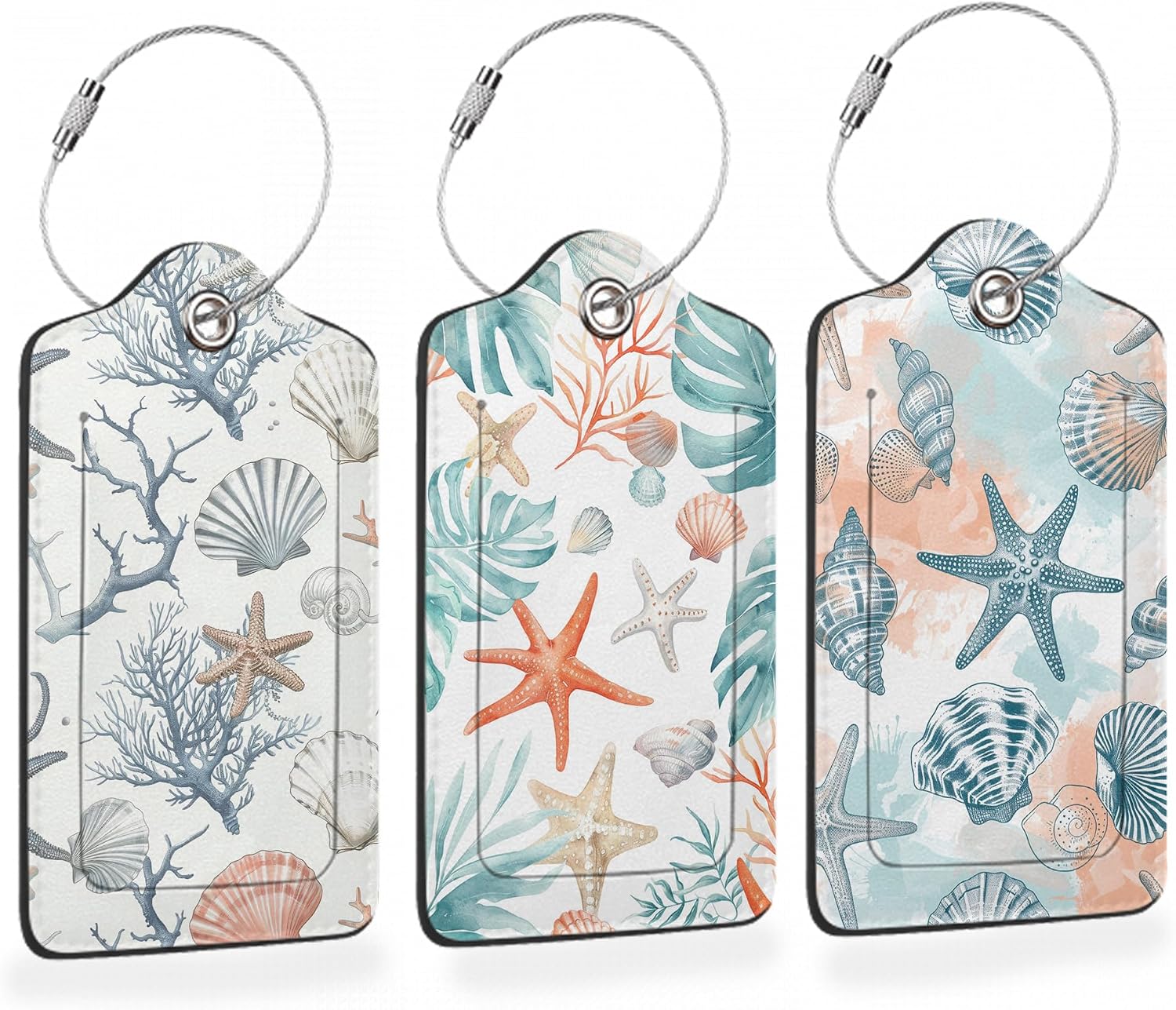 Tropical Seashells Summer 3 Pack Luggage Tags for Suitcases, Vintage Starfish PU Leather Luggage Tag for Travel, Bag Tags with Privacy Name ID Card and Steel Loop for Women Men
