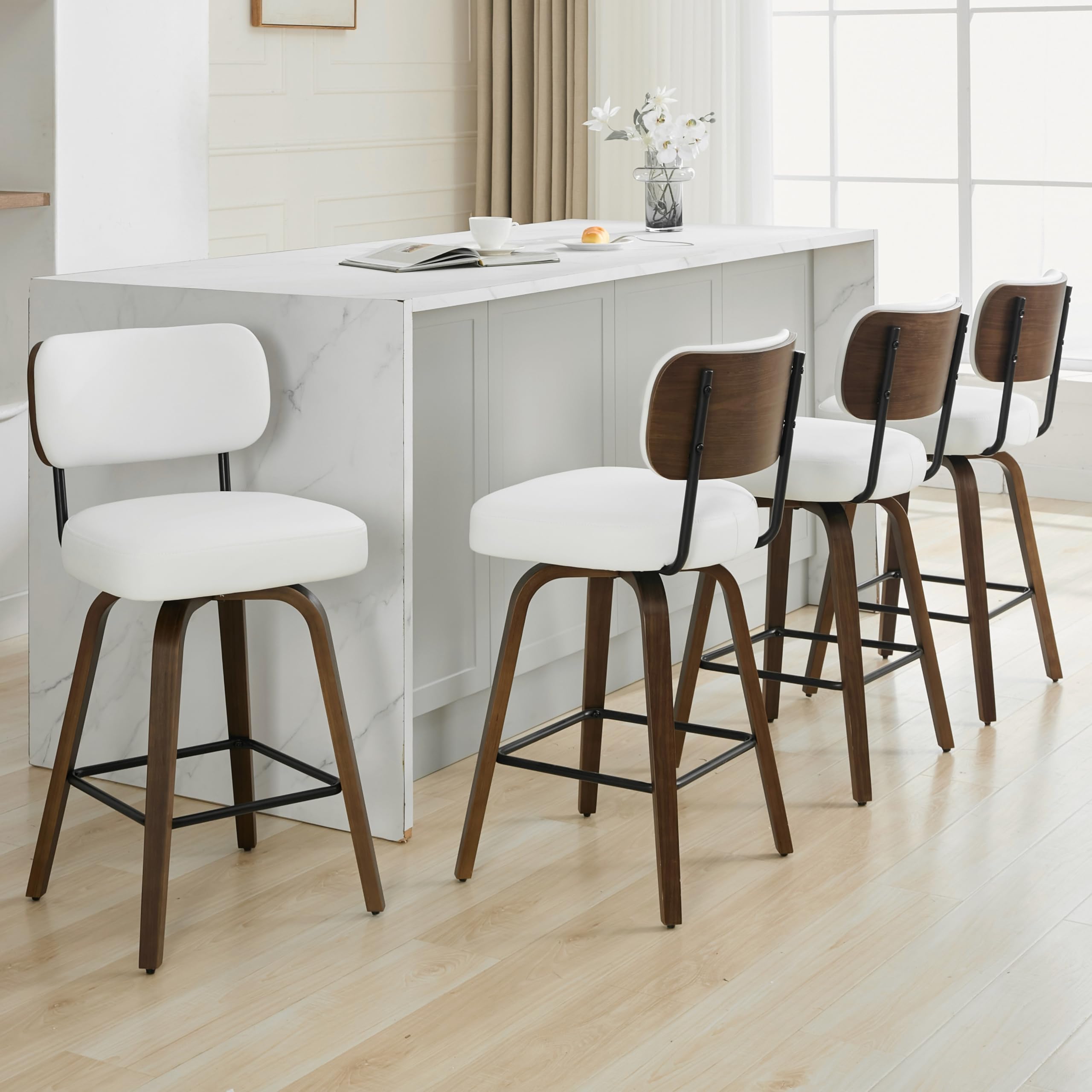 Swivel Bar Stools Set of 4, 26" Upholstered Counter Height Bar Stools with Back and Walnut Wood Legs, Faux Leather Barstools for Kitchen Counter, White