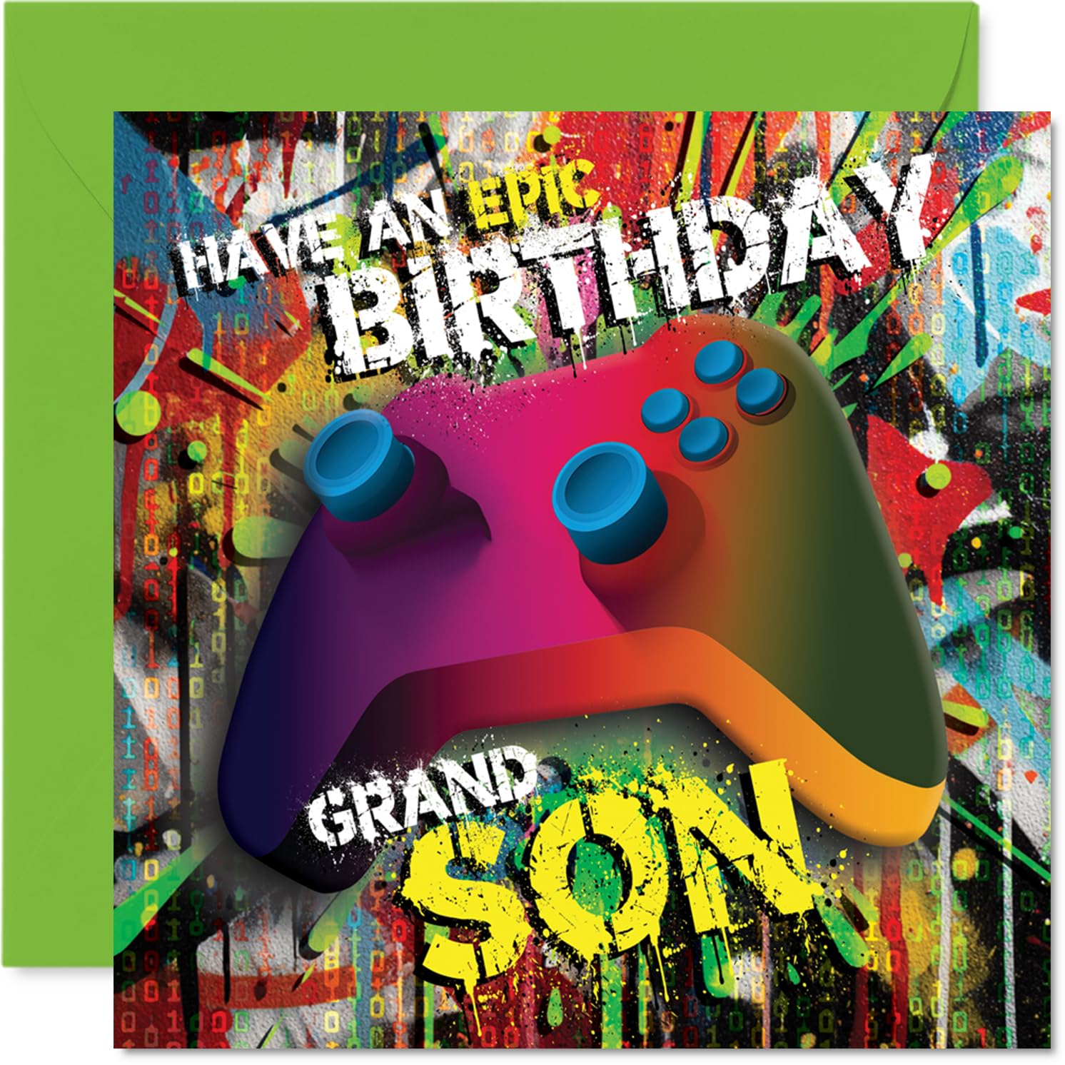 Playful Birthday Card for Grandson - Level Up the Birthday Fun - Vibrant Gaming Controller on Graffiti Background - 145mm Square, Envelope Included
