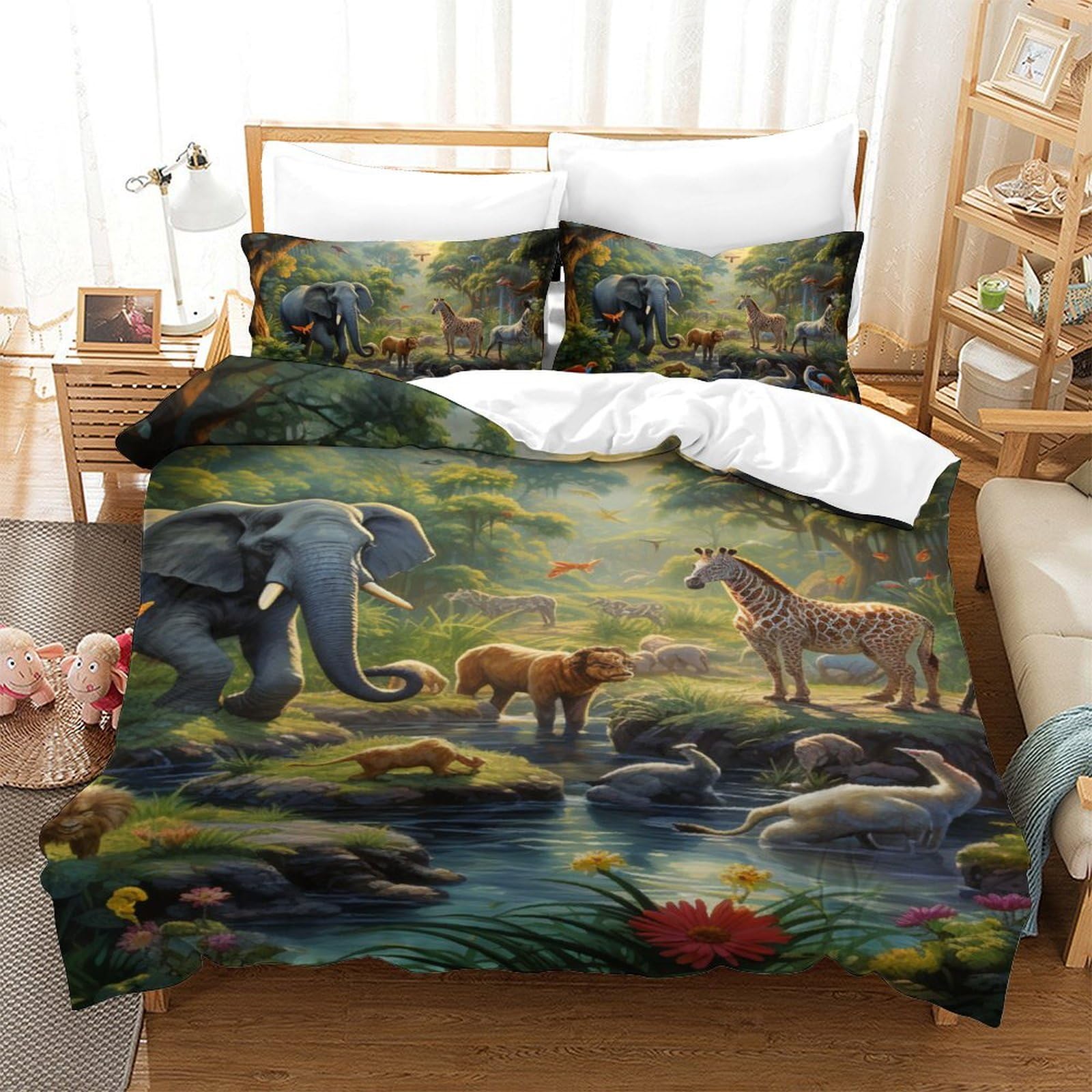 Housse de couette fermeture éclair animaux de la jungle en microfibre 140x200cm pour lit