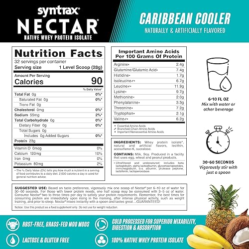 Miniatura 4 de Syntrax Nutrition Nectar, 100% proteína aislada de suero en polvo, sabor refrescante a fruta, enfriador caribeño, 2 libras