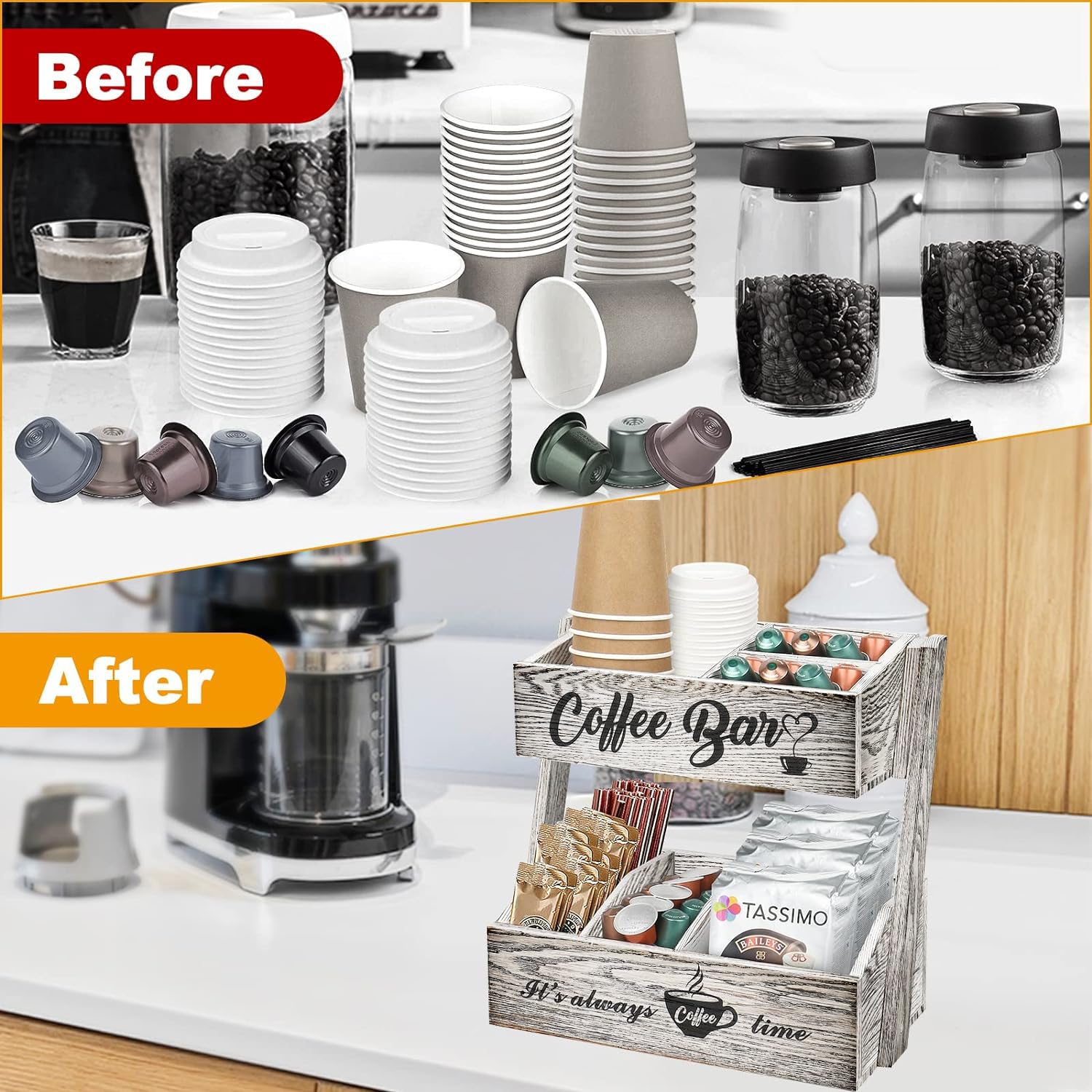 Kaffeestation Organizer Aus Holz - Für Arbeitsplatte, Mit Fächern Für Kapseln, Tee, Zucker, Inkl. Tablett