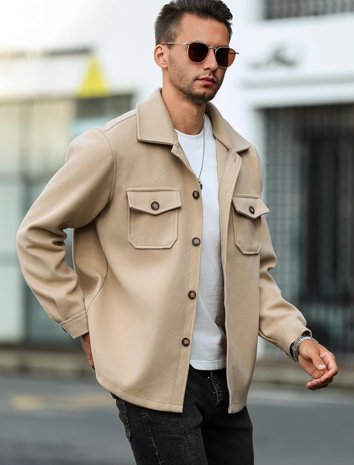 ZAFUL Men's Checked Plaid Color Block Flap Pocket Woolen Turn Down Collar Unisex Coat Long Sleeve Jacket - Image 3