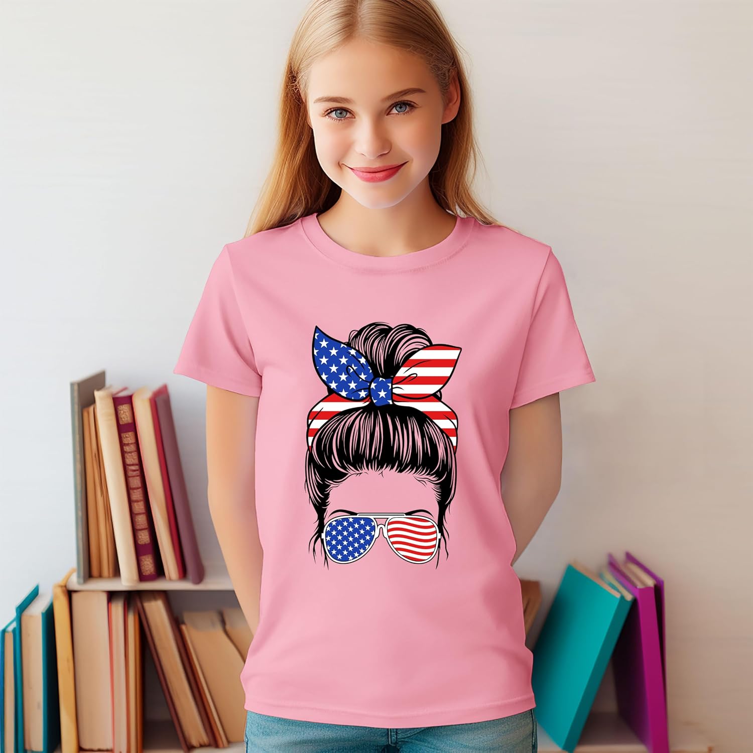 Women's Messy Bun Glasses American Flag 4th of July USA Patriotic Shirt for Mom Grandma Wife Girlfriend Daughter