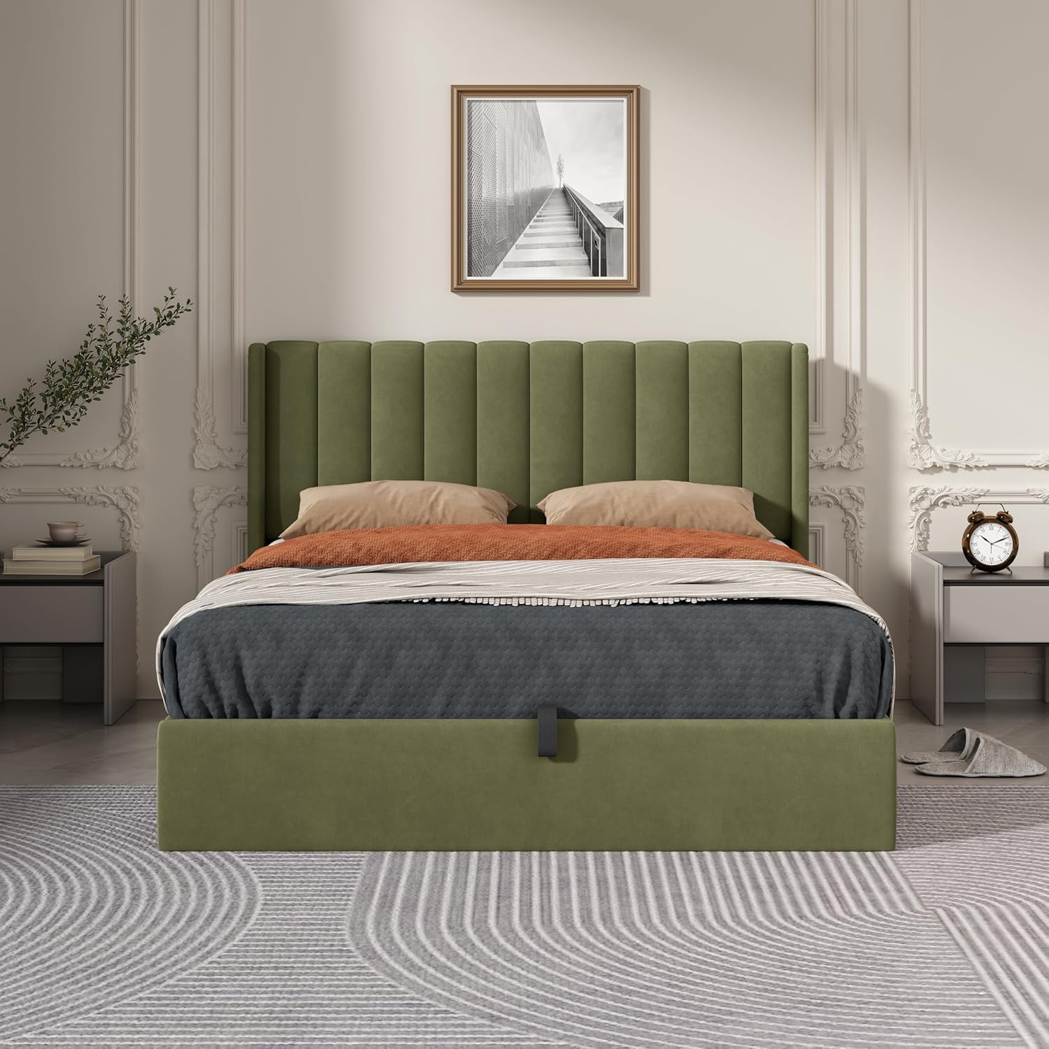 Queen Size Hydraulic Lift Up Upholstered Storage Bed with WIngback Headboard,Pistachio