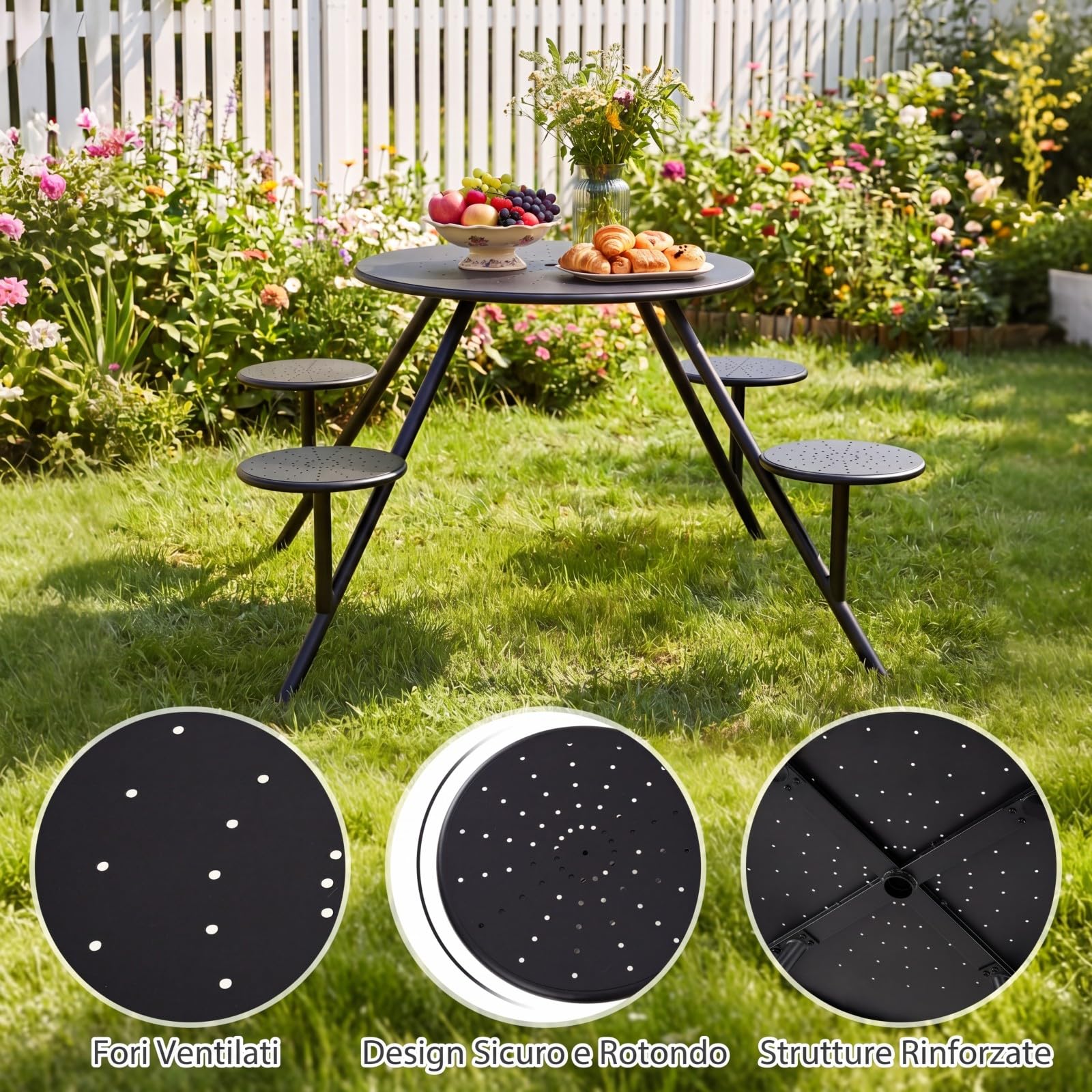 COSTWAY Set Tavolo e 4 Sedie da Campeggio, Foro Ombrellone, Metallo Zincato | Tavolo da Giardino per Cortile e Patio, Set Mobili da Pranzo Completo, 168 x 168 x 73 cm