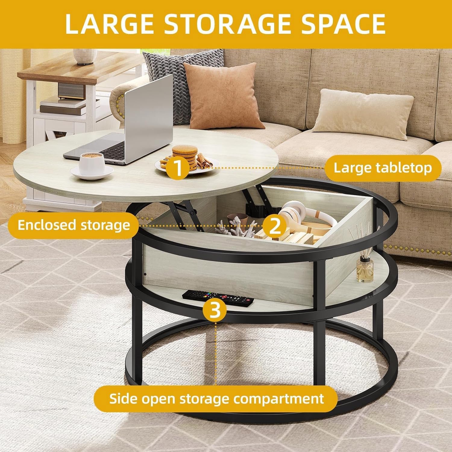 Image highlighting the large tabletop, enclosed storage compartment, and side open storage compartment of the coffee table.