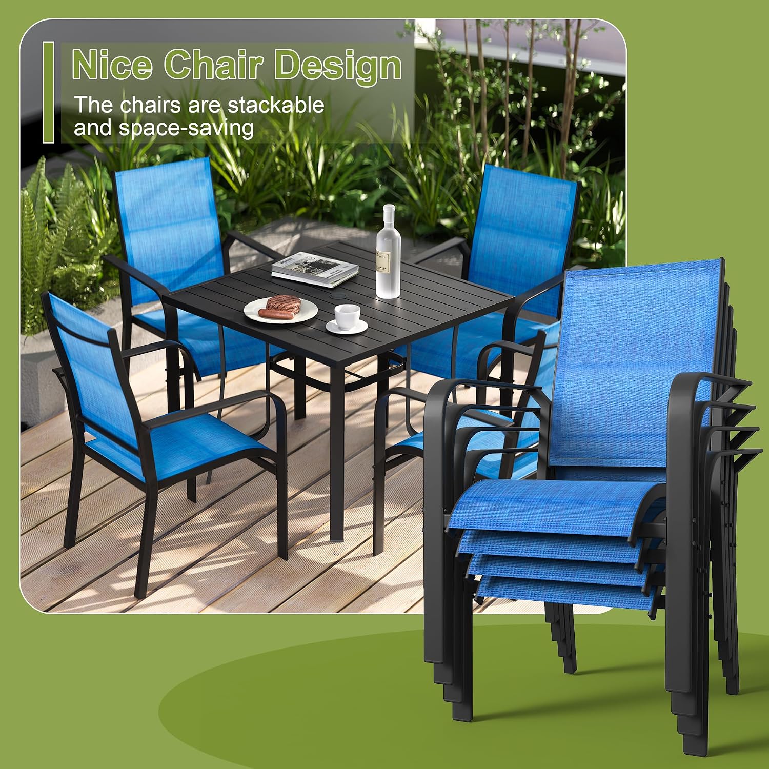 BUPPLEE Patio Chairs Set of 4, Stackable Outdoor Dining Chairs, All Weather Breathable Textile, Heavy Duty Metal Frame Porch Chairs for Backyard, Lawn (Blue, Set of 4)