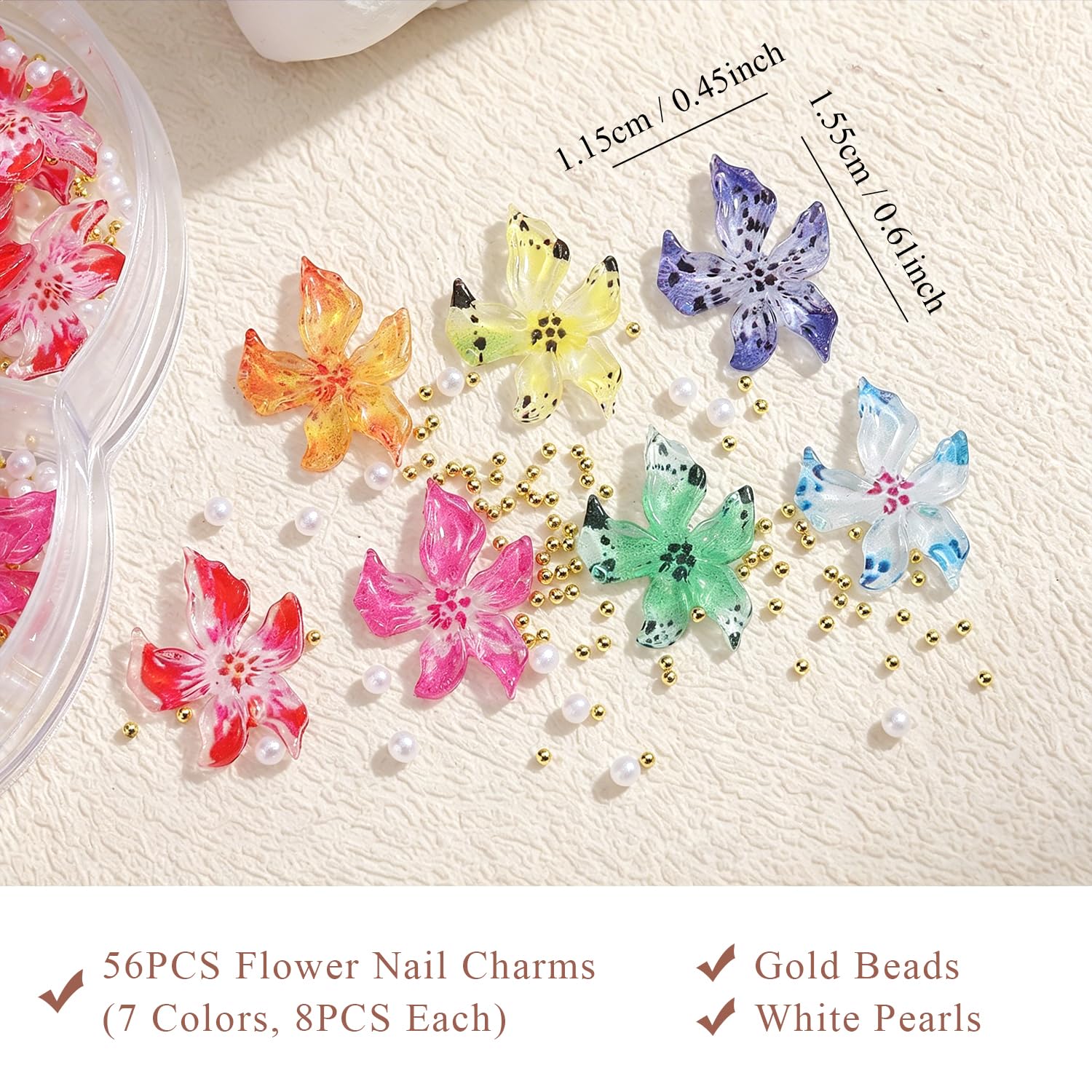3D Flower Nail Charms Set, Soft Resin Hawaii Hibiscus Flower Nail Charms Colorful Spring Summer Lily Floral Nail Decorations with Gold Beads Pearls for Manicure DIY Accessories