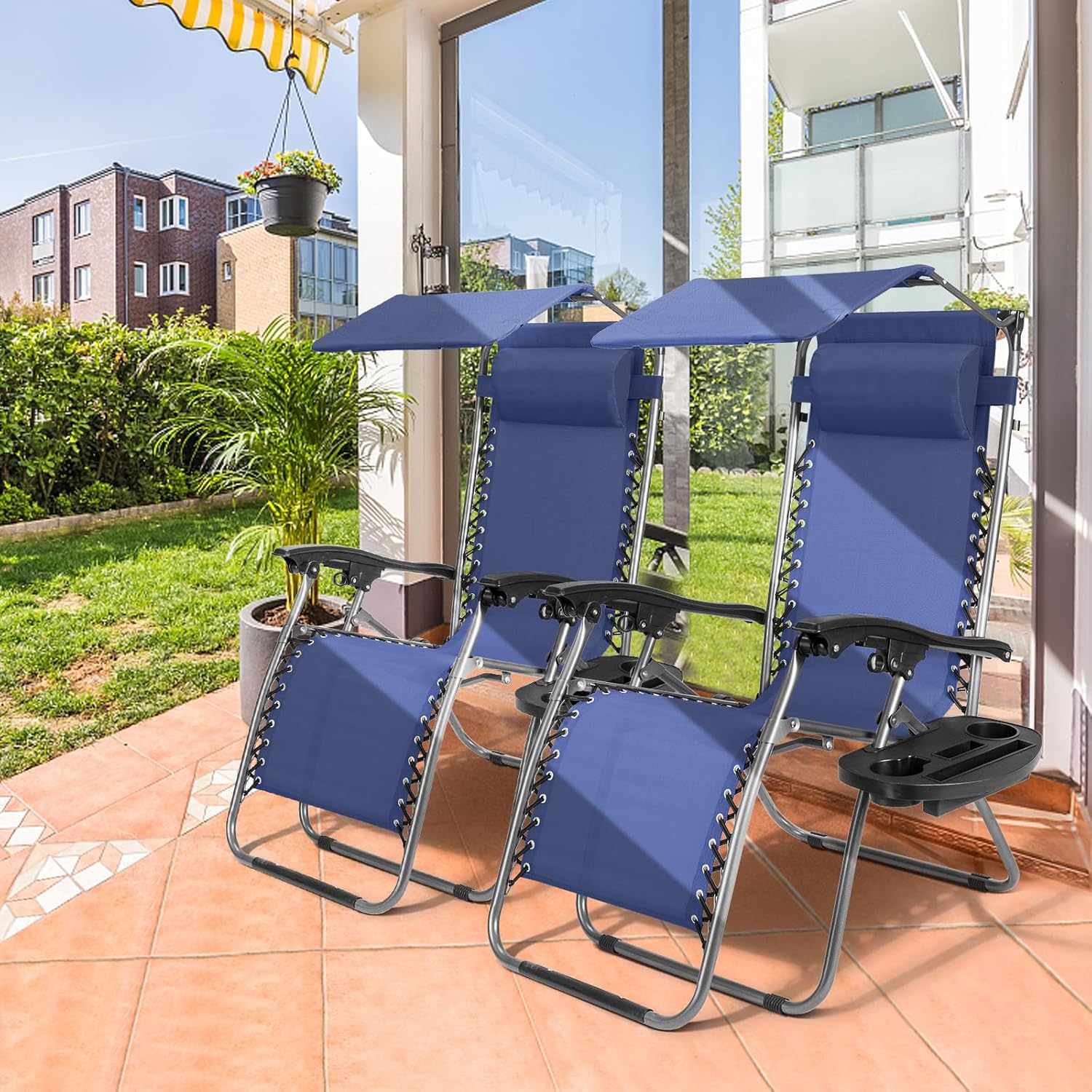 Bonnlo Zero Gravity Chair with Canopy Patio Sunshade Lounge Chair, Adjustable Folding Shade Reclining Chairs with Cup Holder and Headrest for Beach Garden (Blue) (Blue, 1P)