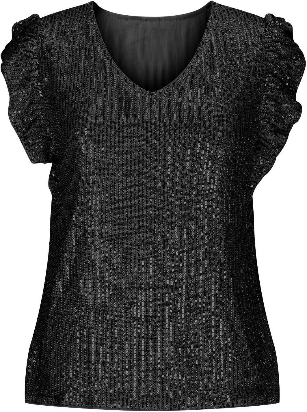 Sequin Tops for Women Ruffled Short Sleeve V Neck Sparkle Going Out Cocktail Blouse Loose Evening Club Party Shirt