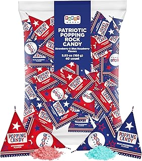 PartyWorks Patriotic Candy - 40 Count Bag - Popping Rocks Pouches - 4th of July Candies - Strawberry, Blue Raspberry Flavors - Individually Wrapped Triangles