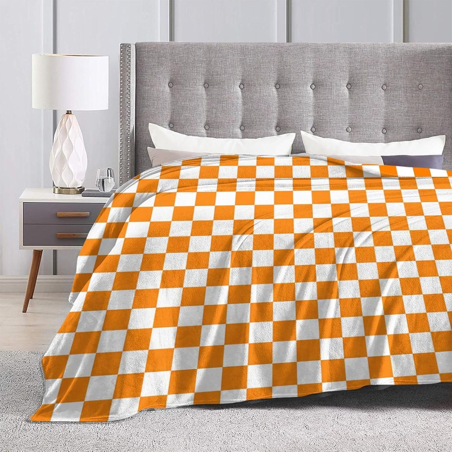 Flannel Orange White Checkered Pattern Throw Blanket- Ultra Soft Lightweight for Bed, Sofa, Travel & Camping 80"X60" Inch