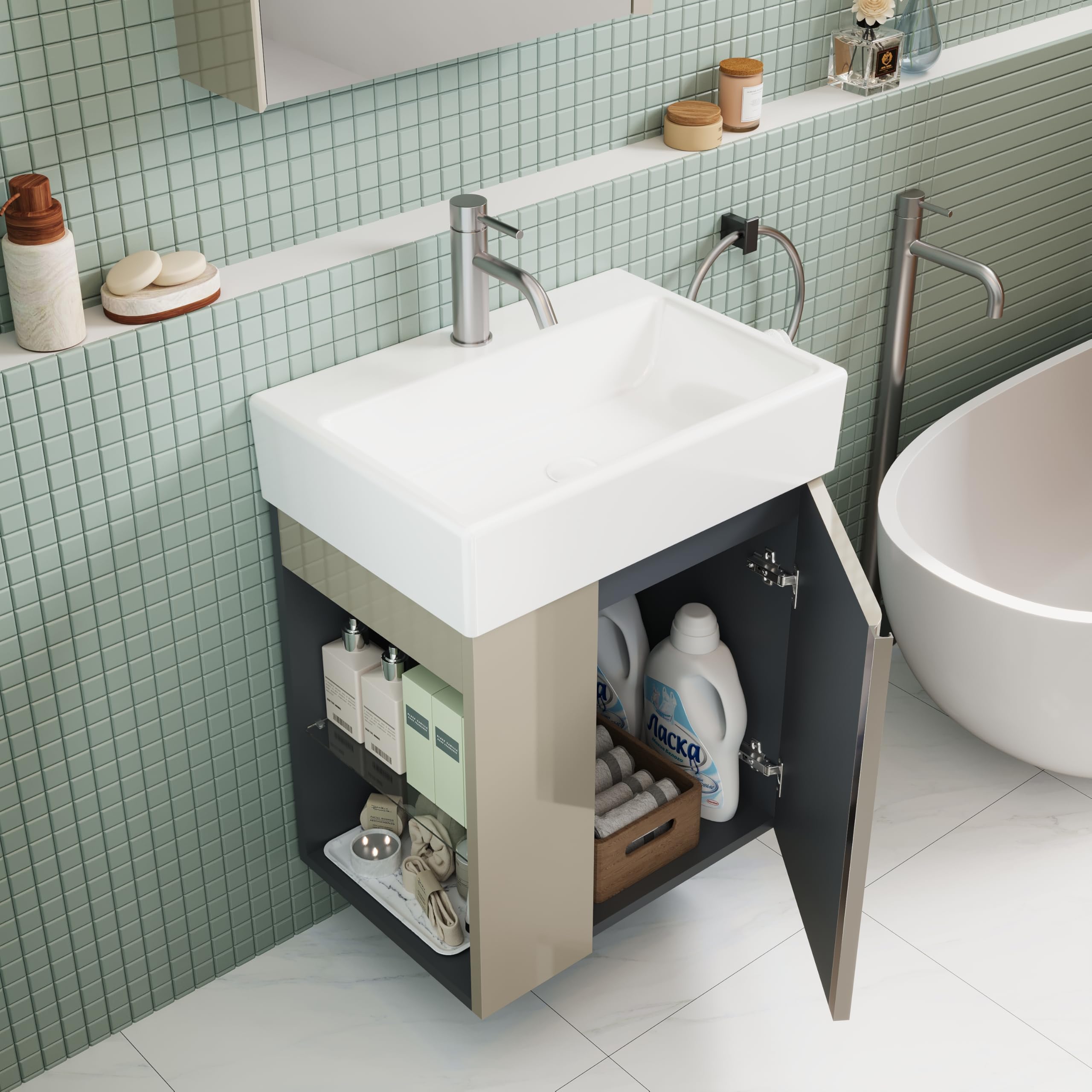 Mobiletto Da Bagno Da 50 cm Con Lavabo in Ceramica Per Wc Ospiti, Mobile Compatto Per Piccoli Spazi, Tortora Lucido