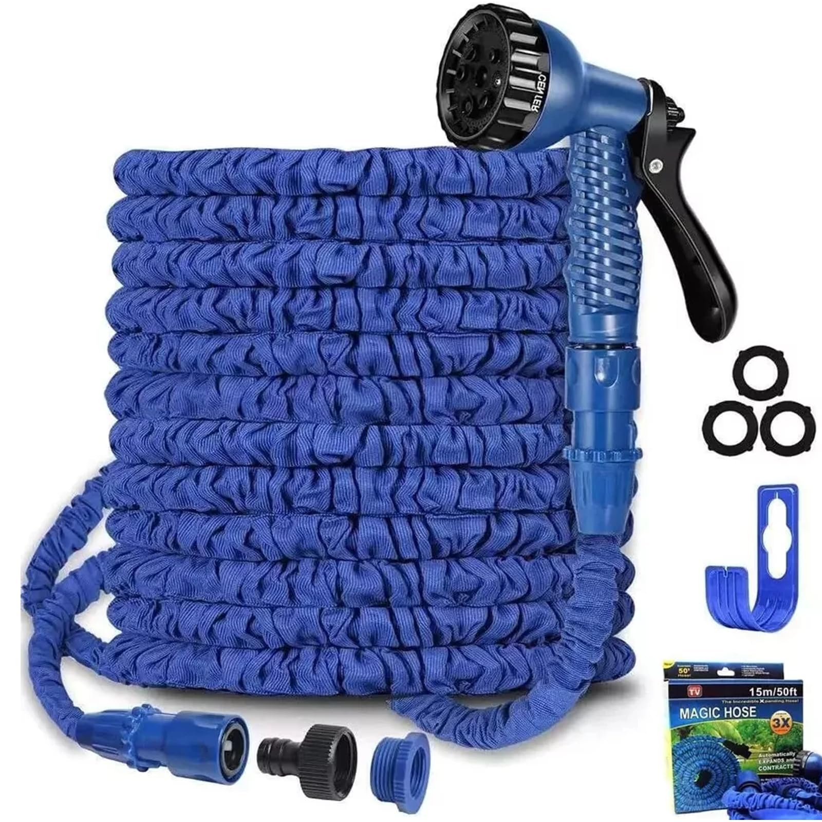 50FT Expandable Flexible Garden Hose Pipe with Spray Gun | Heavy-Duty, Lightweight, High-Pressure Resistant, Kink-Free Water Hose for Gardening, Patio & Car Washing | Blue & Green (Blue)