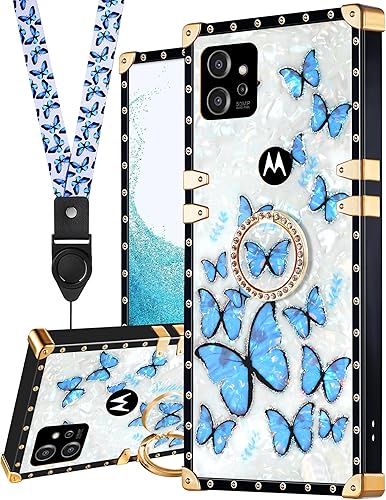 Loheckle Funda para Moto G Power 5G 2023, bonita funda cuadrada de diseño G Power 5G con soporte de anillo y cordón para mujeres y niñas, cubierta