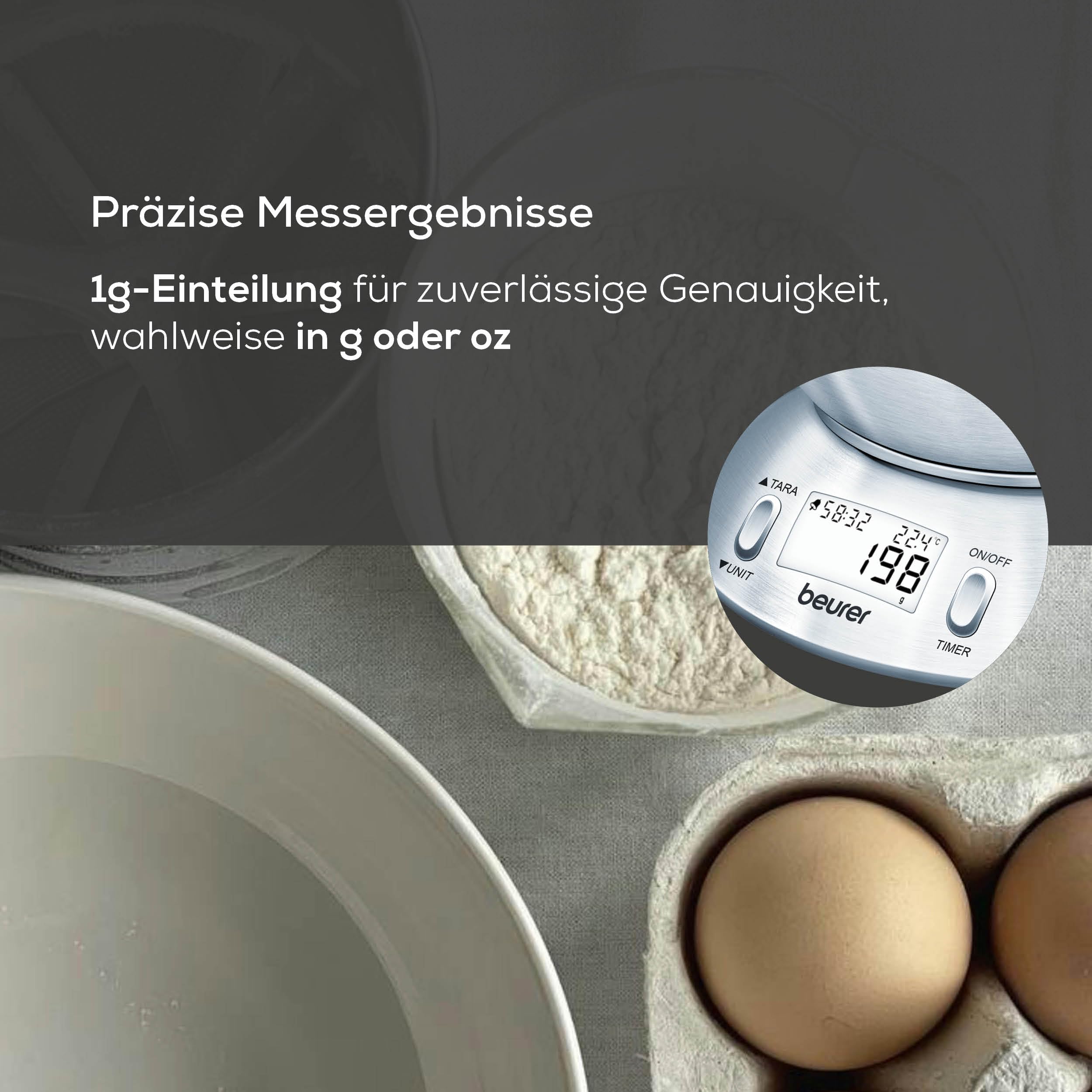 Beurer KS 54 Küchenwaage, mit Edelstahlschüssel, 1,5l Fassungsvermögen, Tragkraft bis 5kg, Haushaltswaage, Schüssel spülmaschinengeeignet, Waage zum Kochen, Backen und Messen von Zutaten