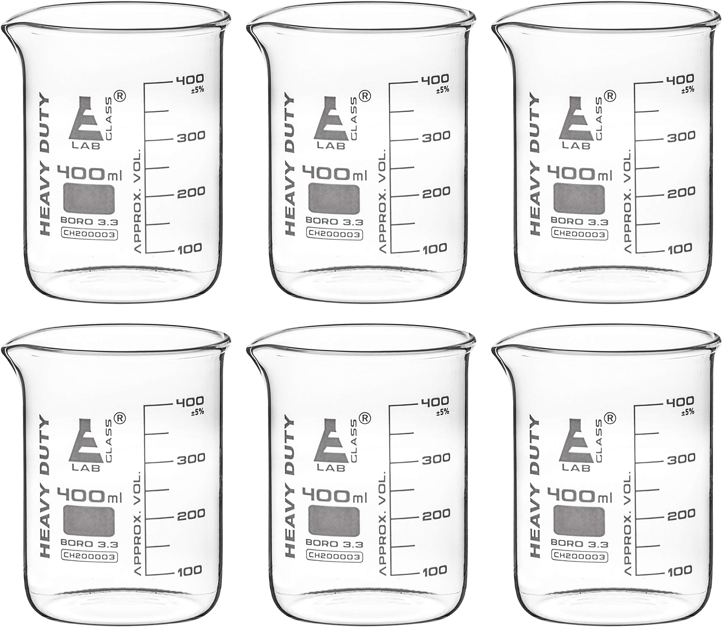 EISCO 6PK Heavy Duty Beakers, 400ml - 3.2mm Thick, Uniform Walls - Superior Durability & Chemical Resistance - White Graduations - Borosilicate 3.3 Glass