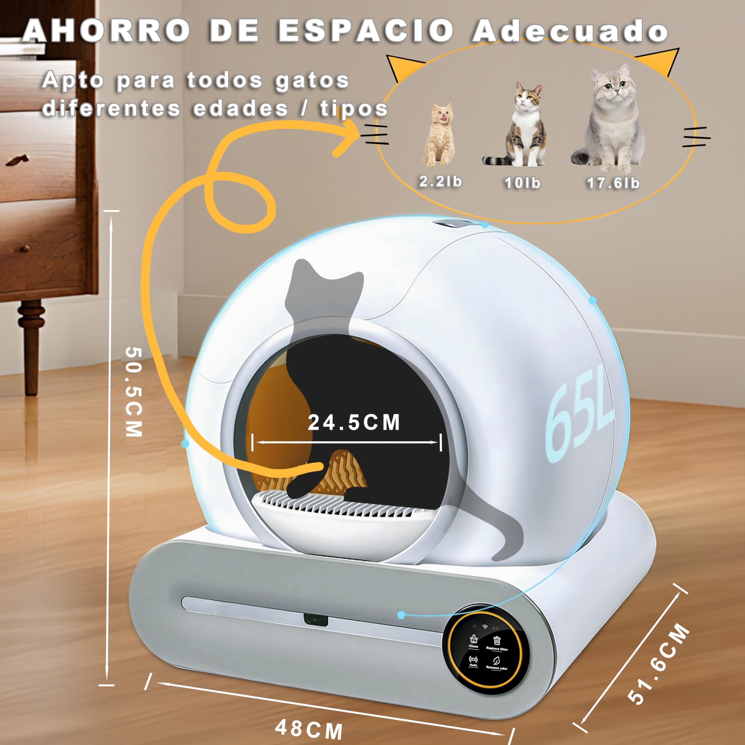 Arenero Gatos Autolimpiable, 74L Arenero Inteligente para Gato con Control App, Sin Fugas Orina, Eliminación de Olores con 5 Rollos Bolsas Basura y Tapetes Arena Gato para Varios Gatos (A)