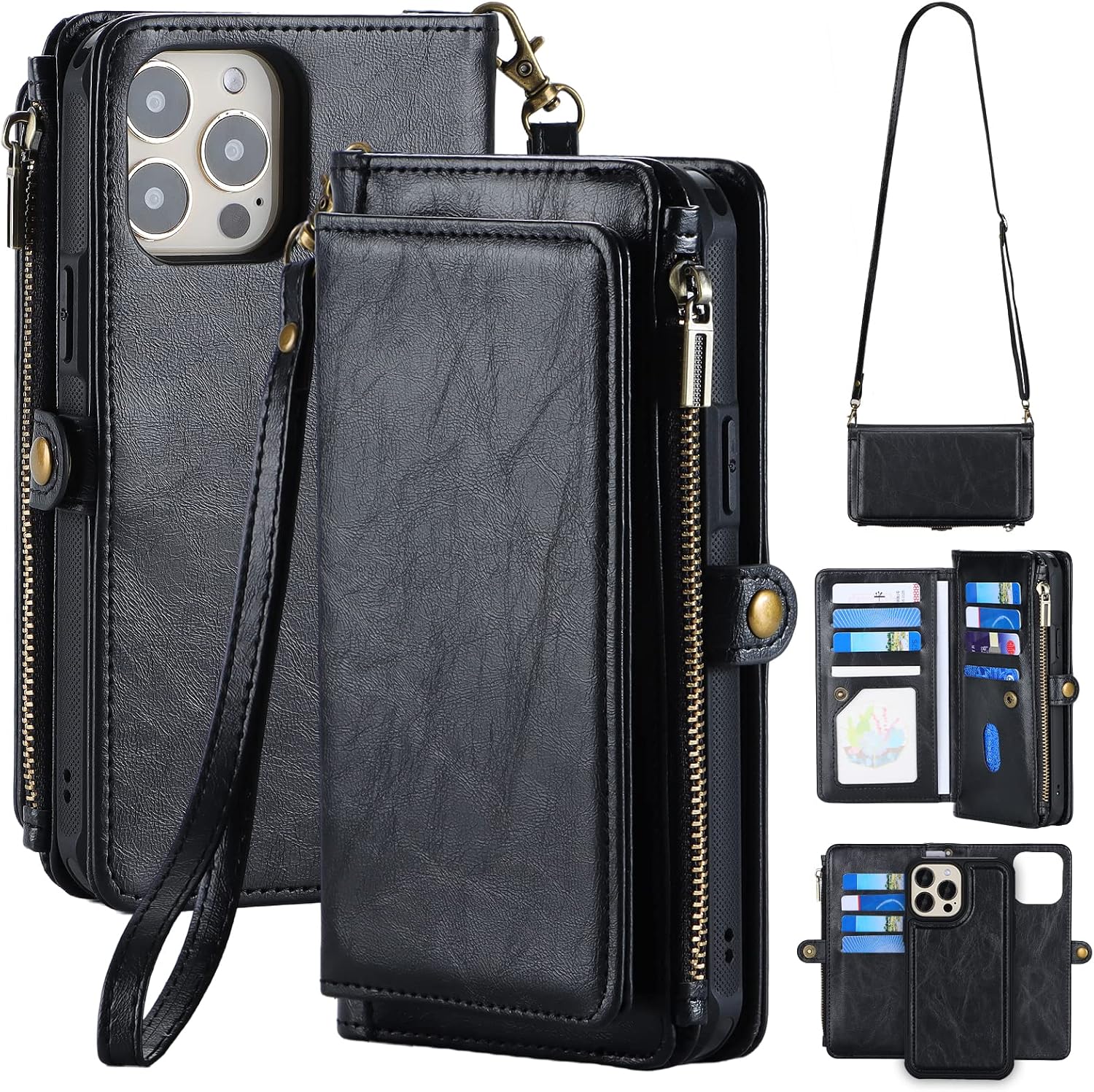 LAISIAHA iPhone 13 Pro Max Case Wallet Crossbody Detachable Wallet Case Zipper Case with RFID Blocking Card Holder Leather Shockproof Removable Flip Protective Cover 6.7 inch Black