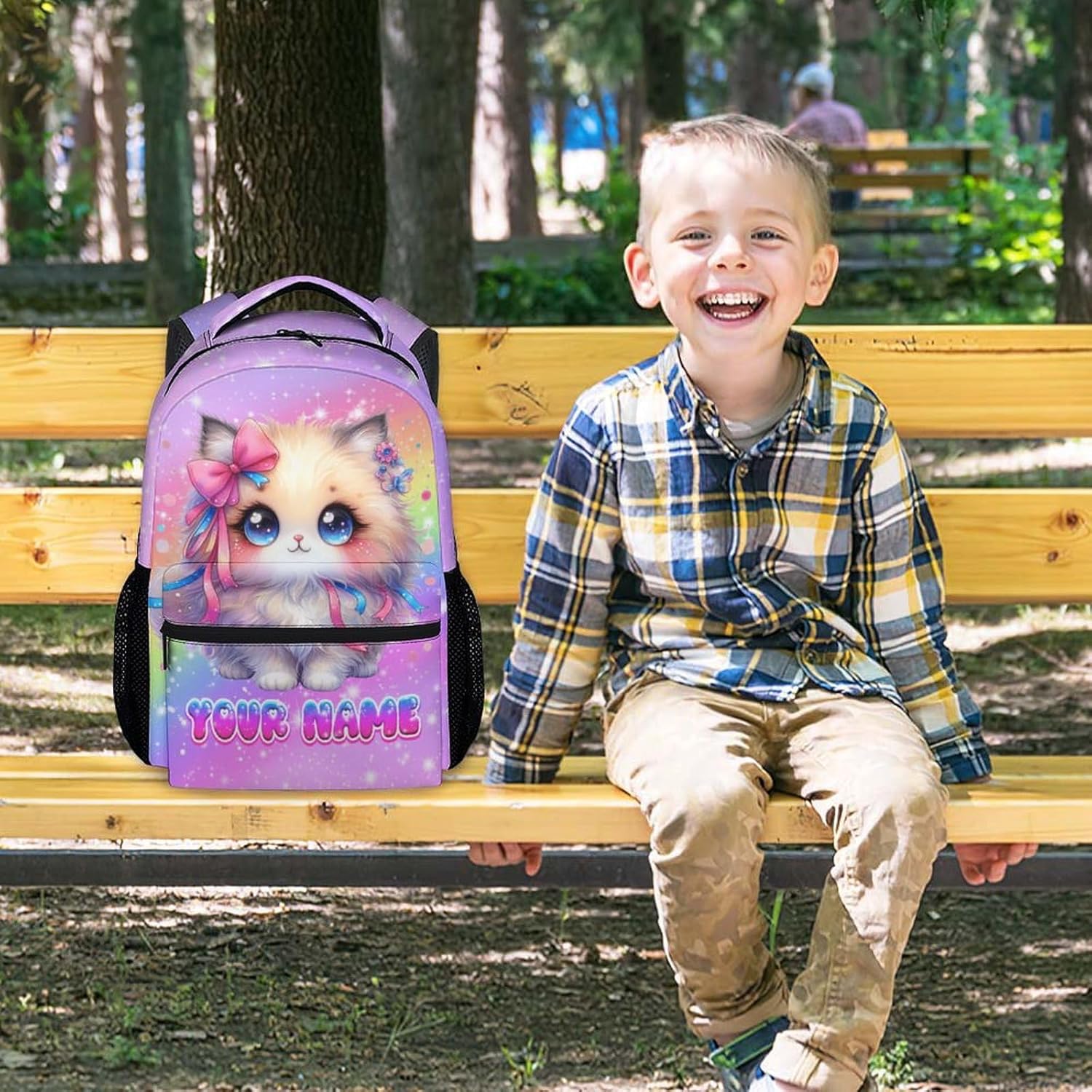 School Backpack for Girls, Personalized Cat Backpack for Kids, 17" Cute Rainbow Bookbag for Toddler, School Bag for Preschool Kindergarte Elementary