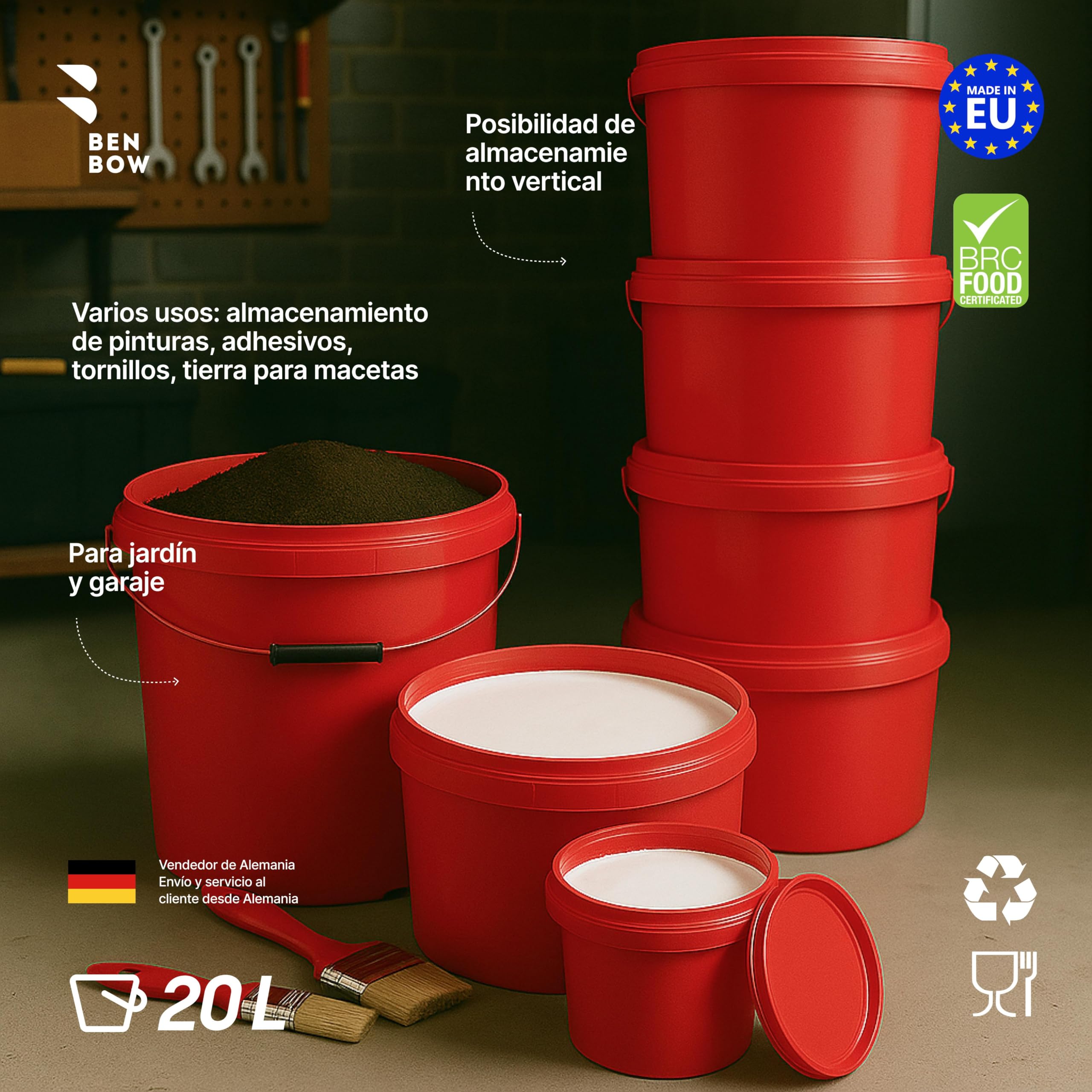 BenBow Cubo con Tapa 20l Rojo 1x 20 litros - Seguro para los Alimentos, Estable, hermético, a Prueba de Fugas - contenedor de Almacenamiento de plástico, con asa de Metal - vacío