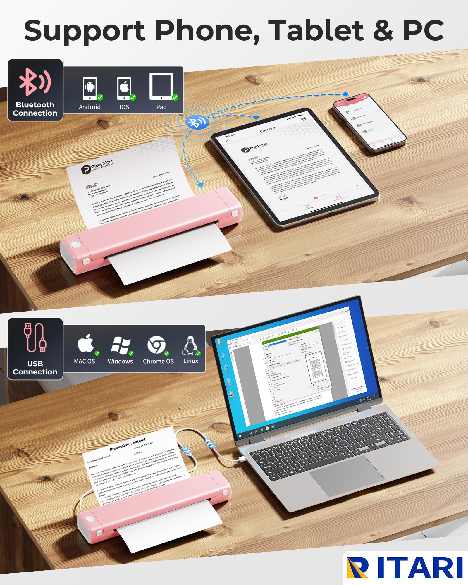 M08F Impresora Termica Portatil, Impresora Térmica A4, Impresoras Portatiles Bluetooth para Viajes y Tatuajes, Compatible con Teléfono Móvil y PC, Admite Papel Térmico A4 y Papel Transfer Tattoo