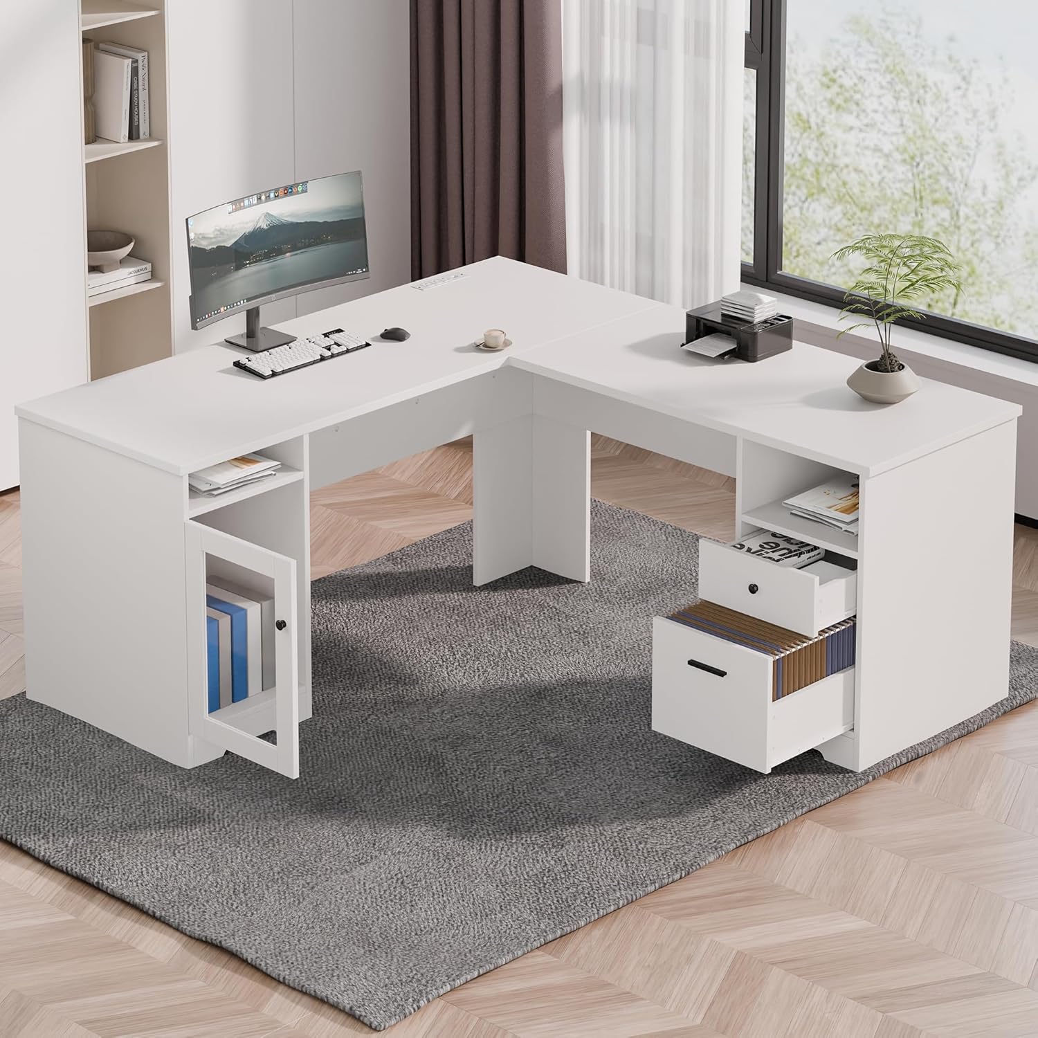 MU L Shaped Desk with File Cabinet, Corner Computer Desk with Storage Drawers, Large Home Office Table with Power Outlets, 60 Inch (White)