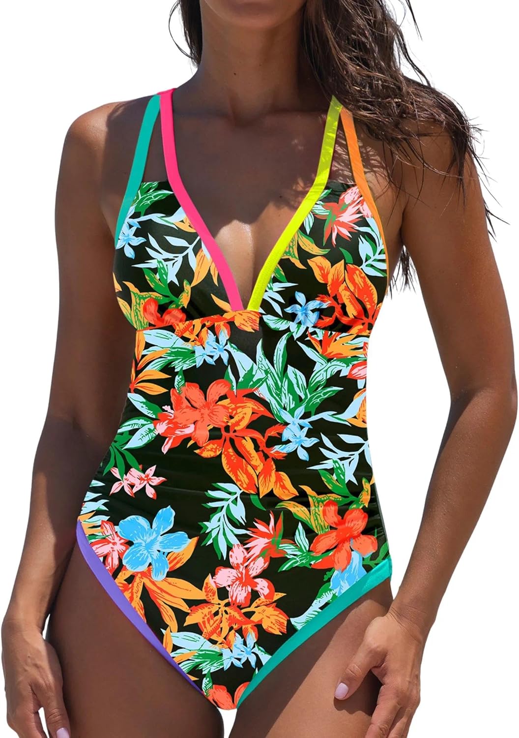 popvil Women's One Piece 2025 Tummy Control Swimsuits Neon Color Block Swimwear Deep V Neck Slimming Bathing Suit